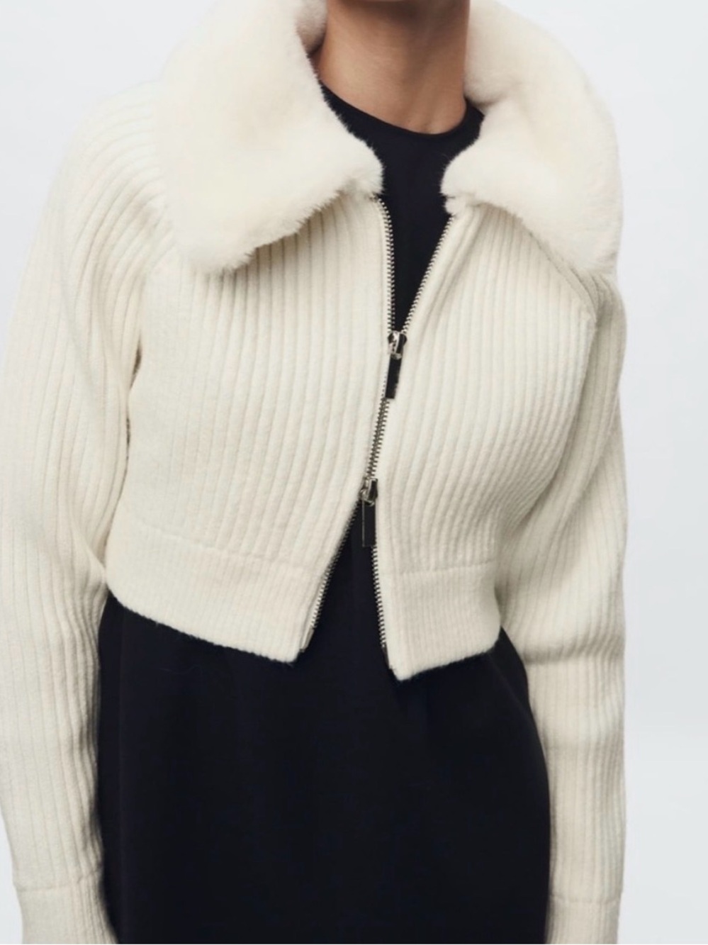 Zara Cream Ribbed Knit Zip-Up with Faux Shearling Collar